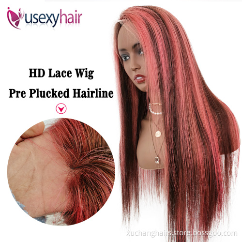 Top quality 180% 200% 250% density human hair full frontal lace wigs human hair lace front custom OP4/Pink Highlight HD lace wig